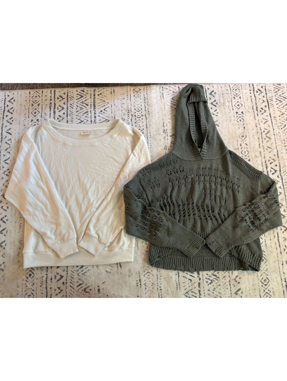Set of Two Medium Sweaters: White Crewneck and Green Hooded Knit